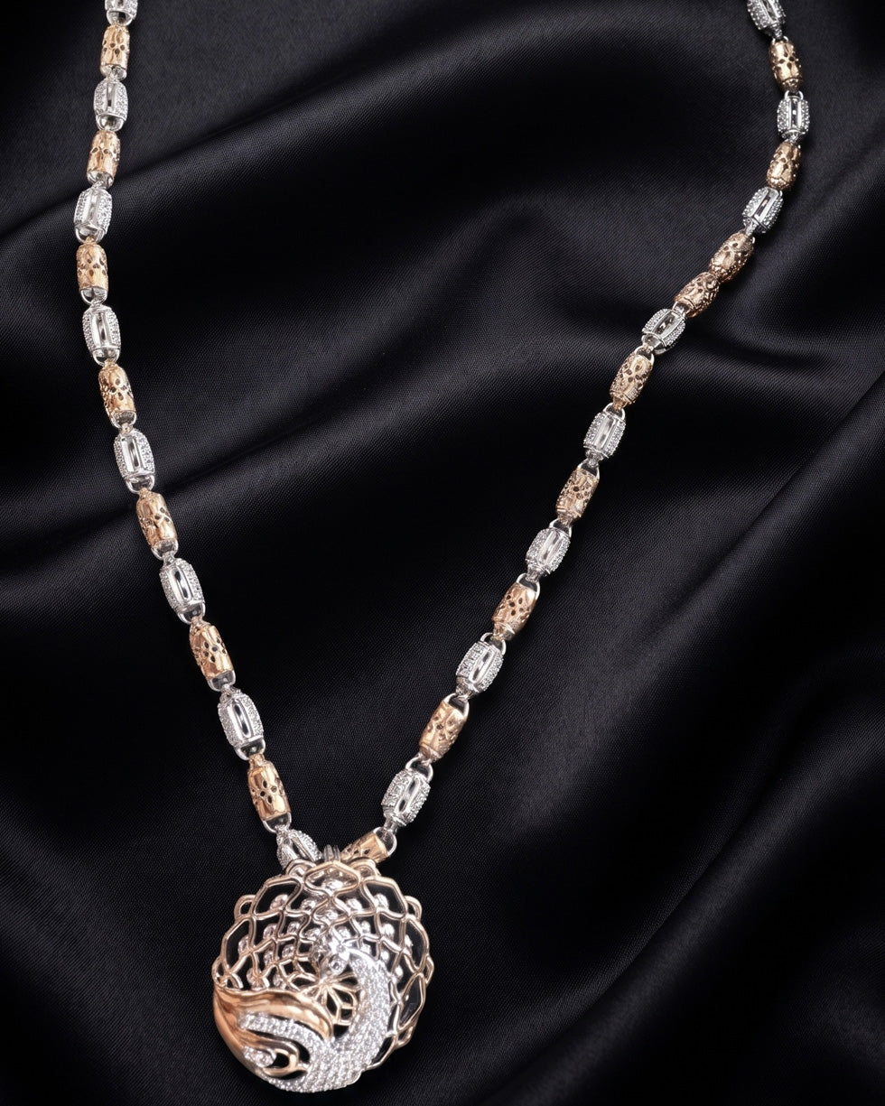 Dual-Tone Filigree Peacock Medallion Statement Mala