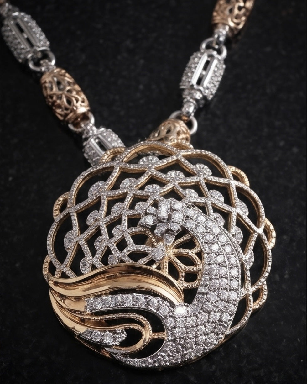 Dual-Tone Filigree Peacock Medallion Statement Mala