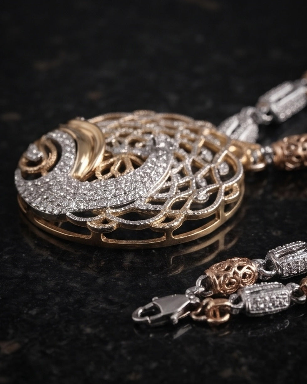 Dual-Tone Filigree Peacock Medallion Statement Mala