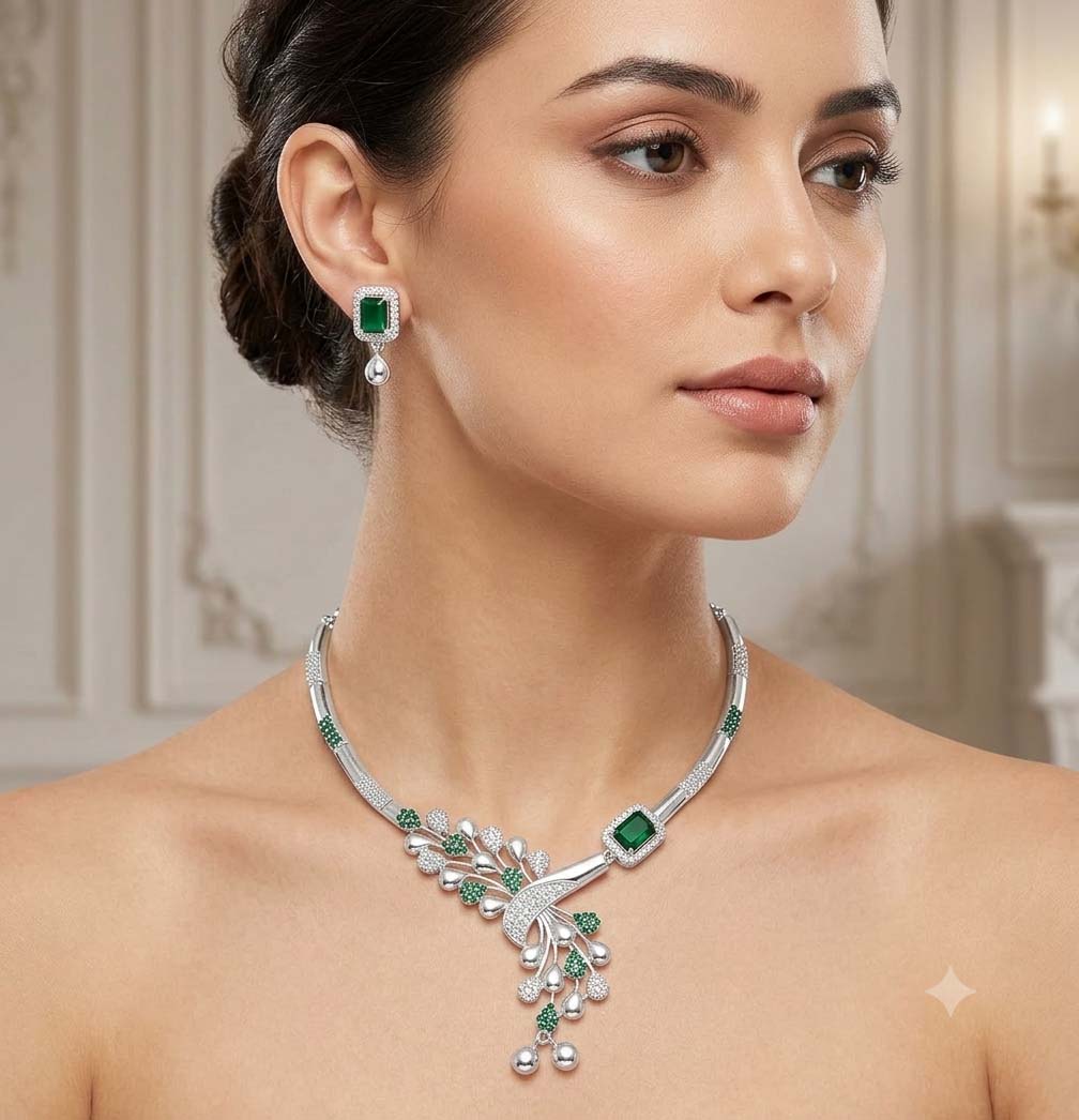 Emerald Green & Silver Necklace Set - image 3