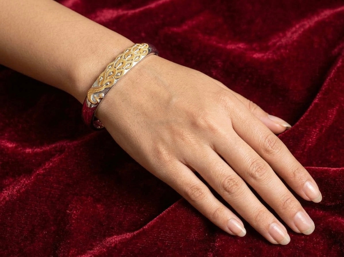Gold & Silver Peacock-Inspired Cuff kada - image 3