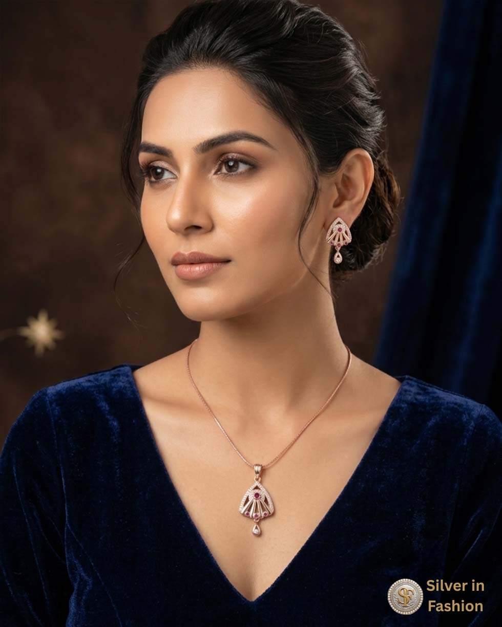 Rodium Triangle Ear Ring Pendant Set - image 2