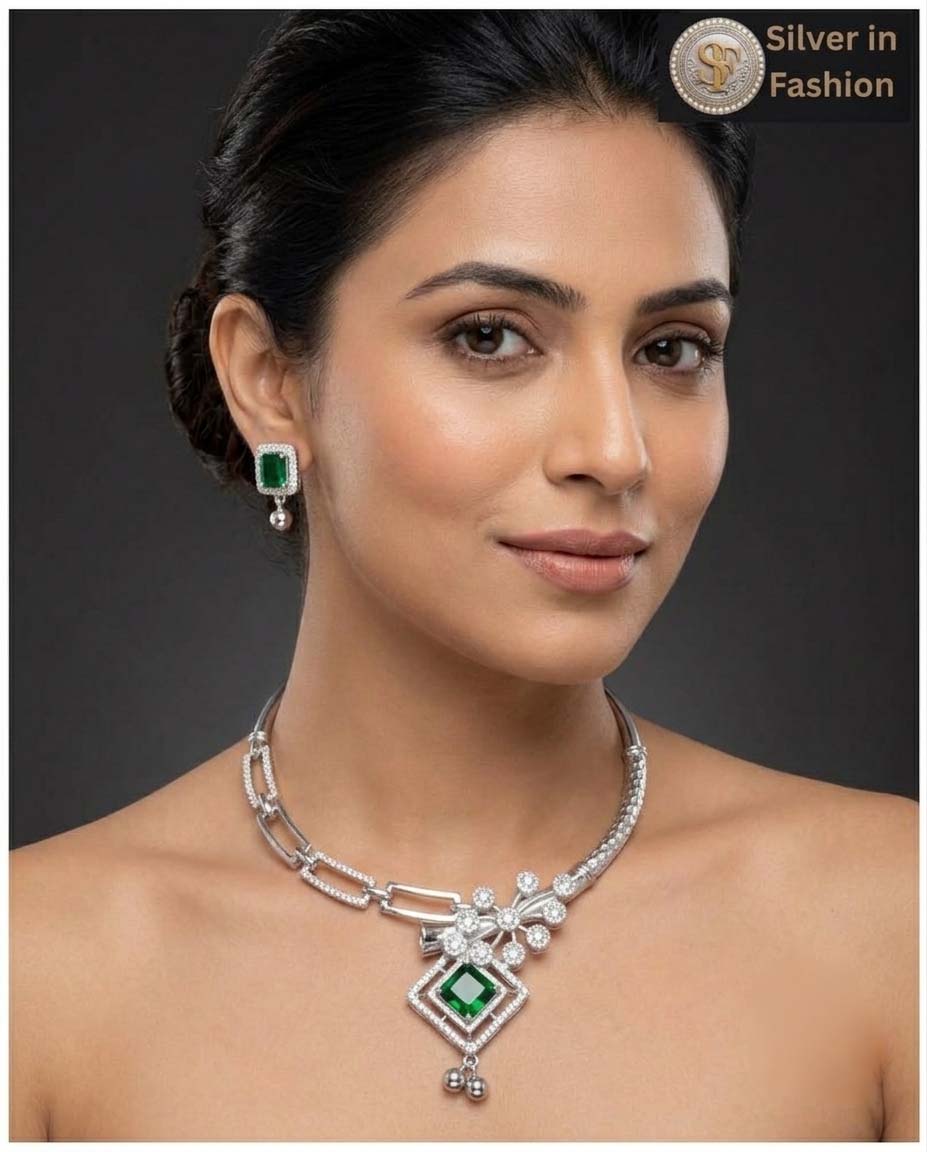 Royal Emerald Crystal Floral Collar Choker with Matching Drop Earrings - image 4
