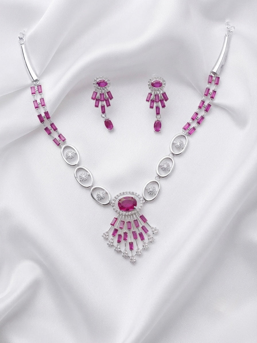 Ruby Pink Art Deco Fan Collar Necklace Set