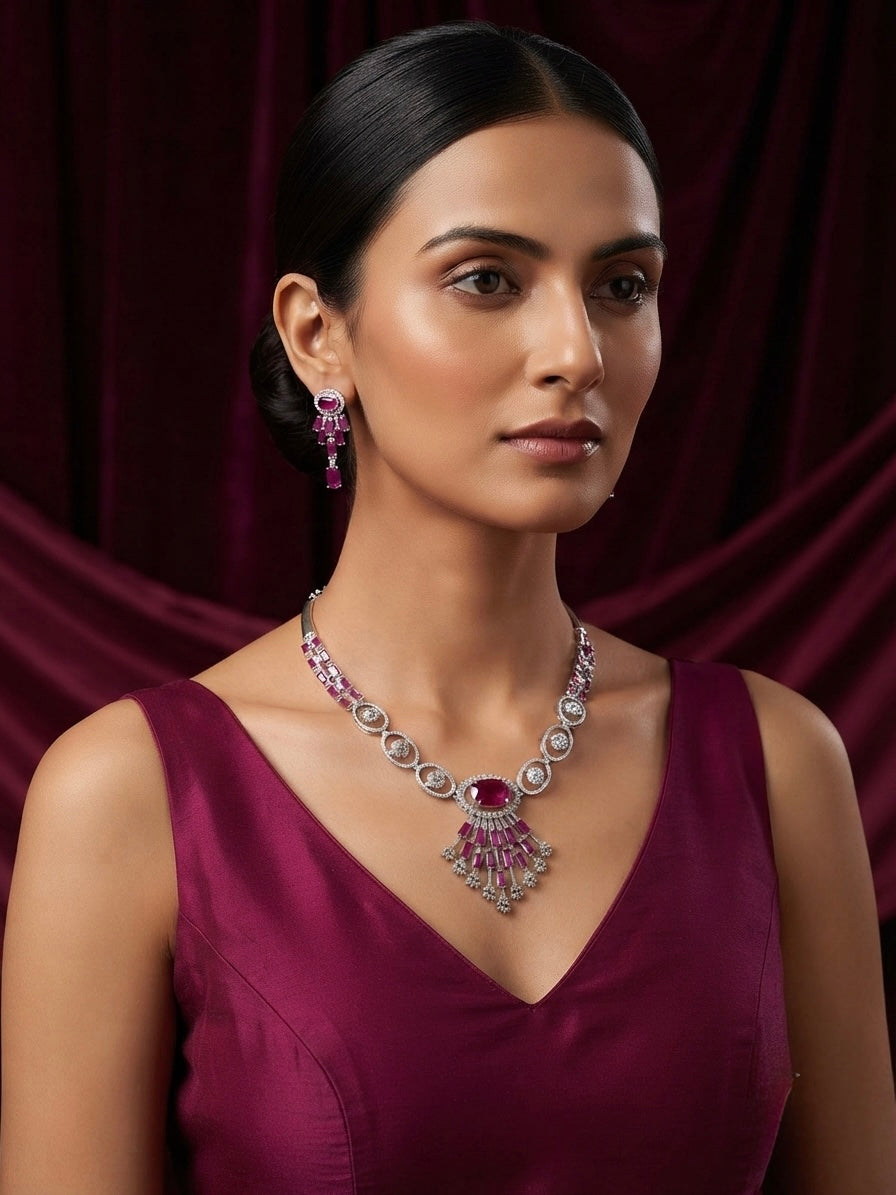 Ruby Pink Art Deco Fan Collar Necklace Set - image 2