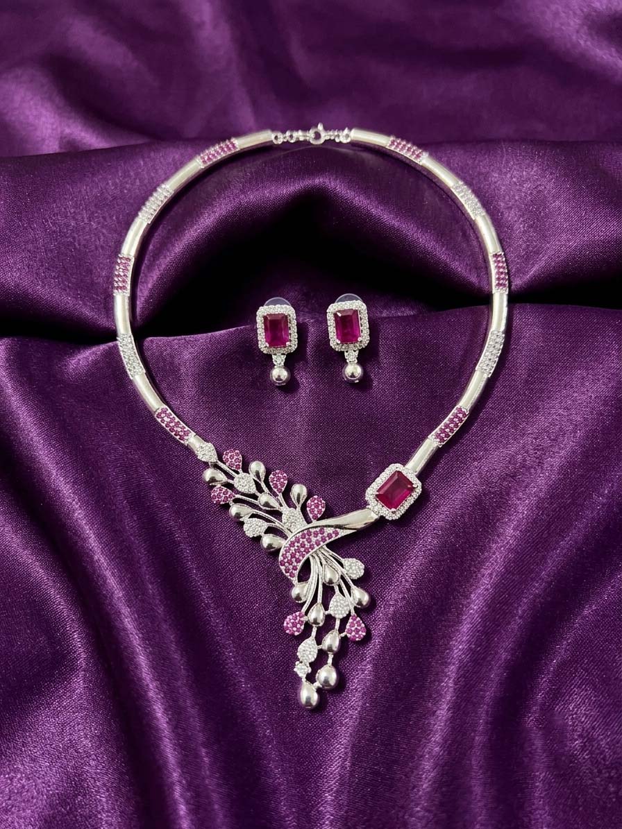 Ruby Pink & Silver Statement Necklace Set