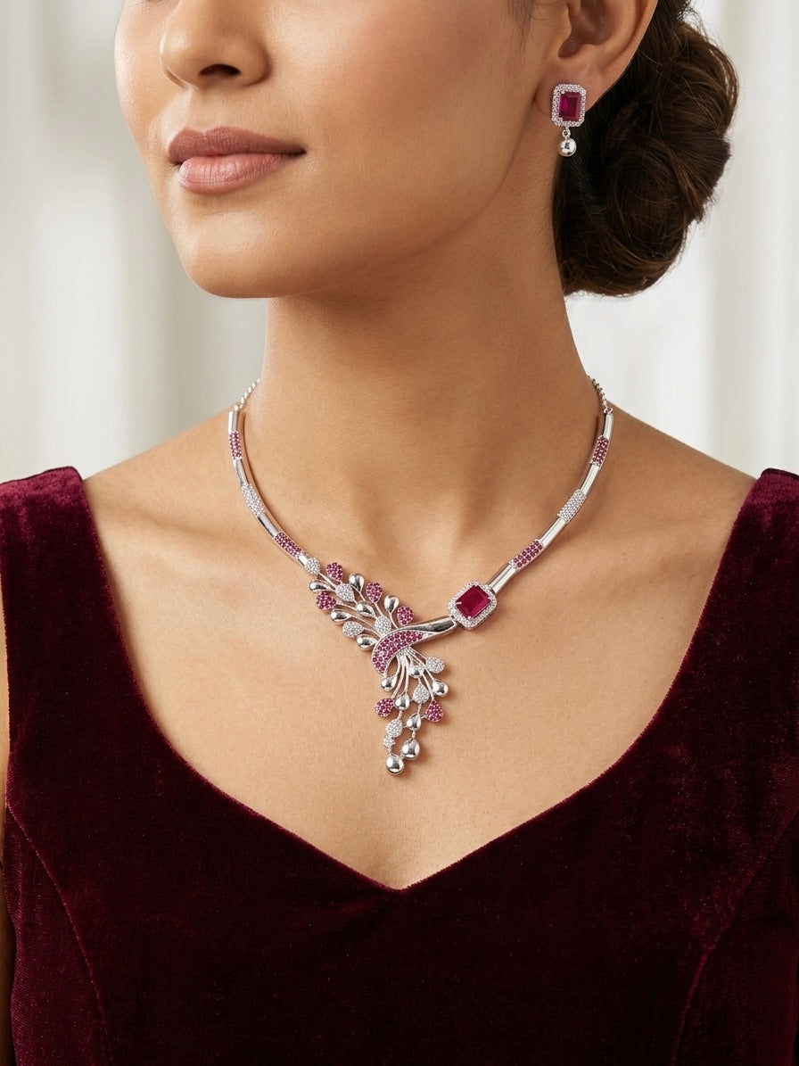 Ruby Pink & Silver Statement Necklace Set - image 2