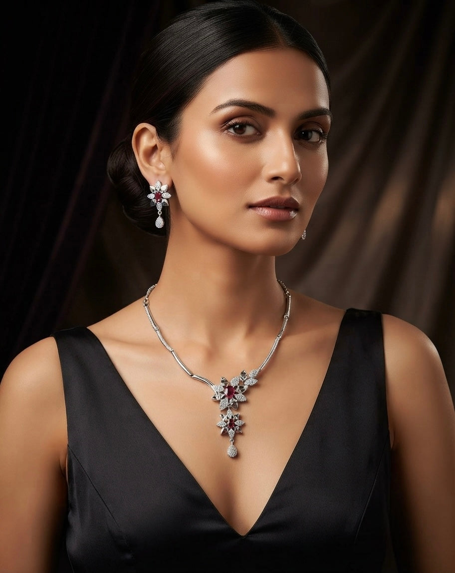 Ruby Red Floral Bloom Silver Collar Necklace Set - image 2
