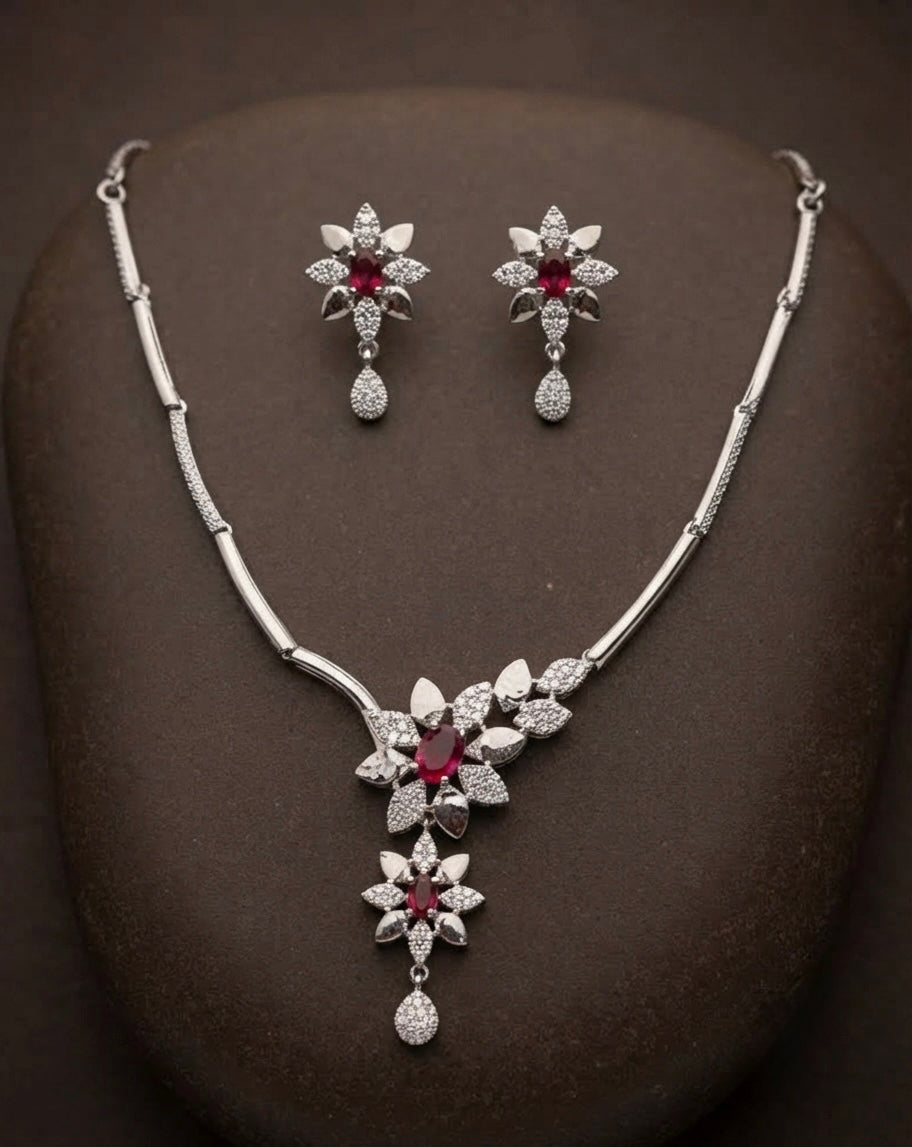 Ruby Red Floral Bloom Silver Collar Necklace Set