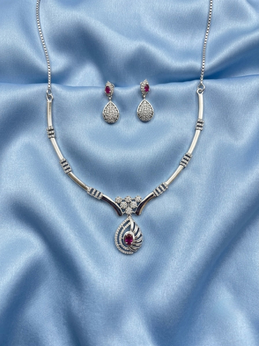 Ruby Red Teardrop Silver Pendant Necklace Set