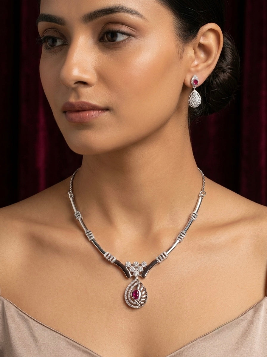 Ruby Red Teardrop Silver Pendant Necklace Set - image 2