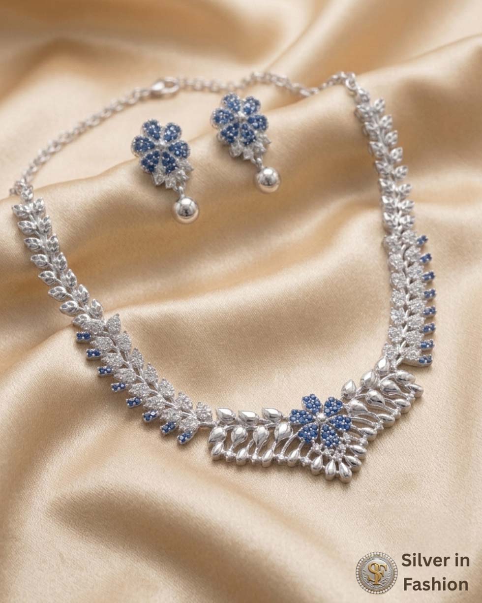 Silver Royal Blue Bridal Necklace Set