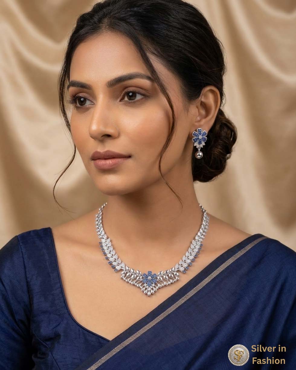 Silver Royal Blue Bridal Necklace Set - image 3